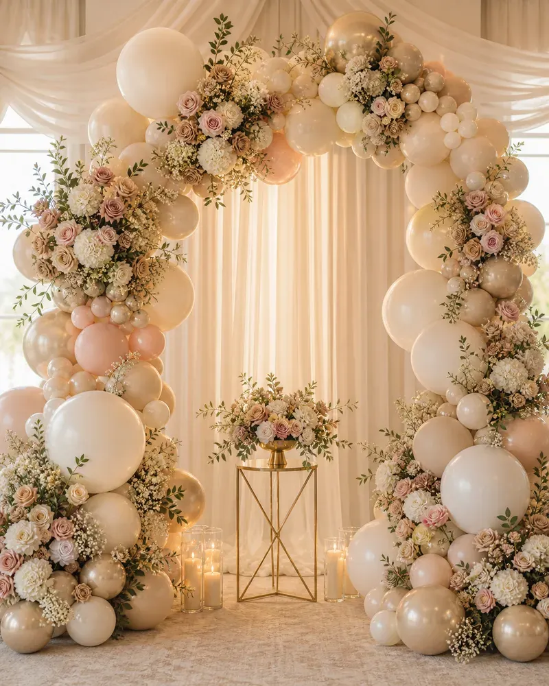 Organic balloon arch with integrated floral arrangements