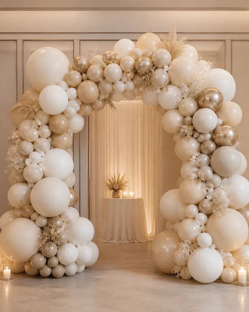 Neutral beige and cream organic balloon arch for elegant event