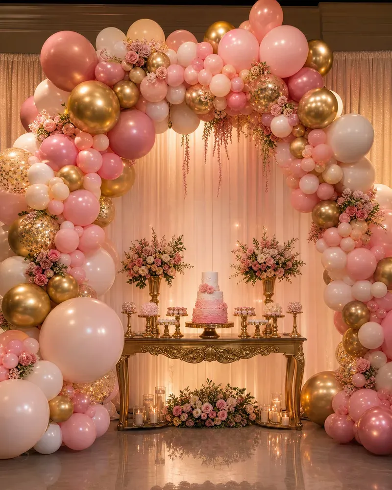 Pink and gold organic balloon arch for a Quinceañera dessert table