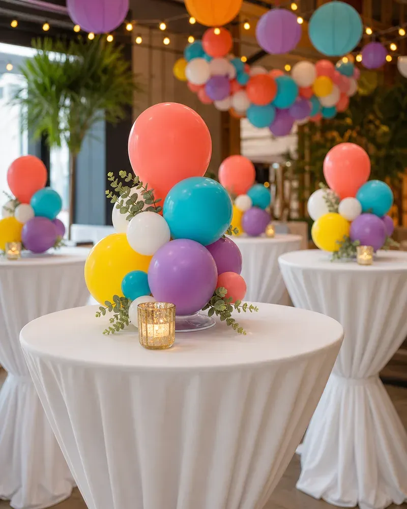 Colorful balloon centerpiece clusters for cocktail tables