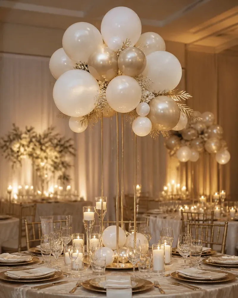 Elegant tall balloon centerpiece with white and gold balloons