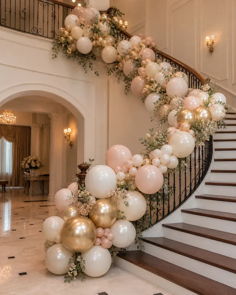 Elegant balloon garland draping a grand staircase