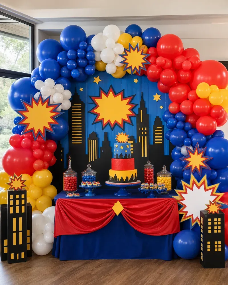 Themed balloon decor in blue and red for a superhero party