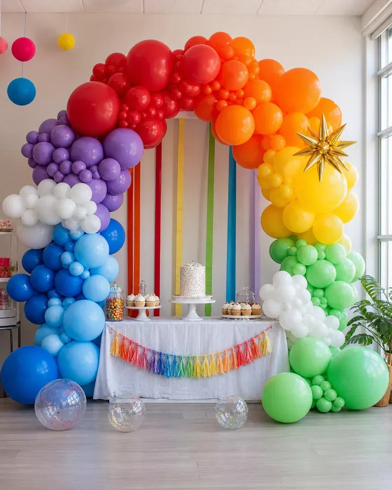 Colorful rainbow balloon arch for a kids birthday party