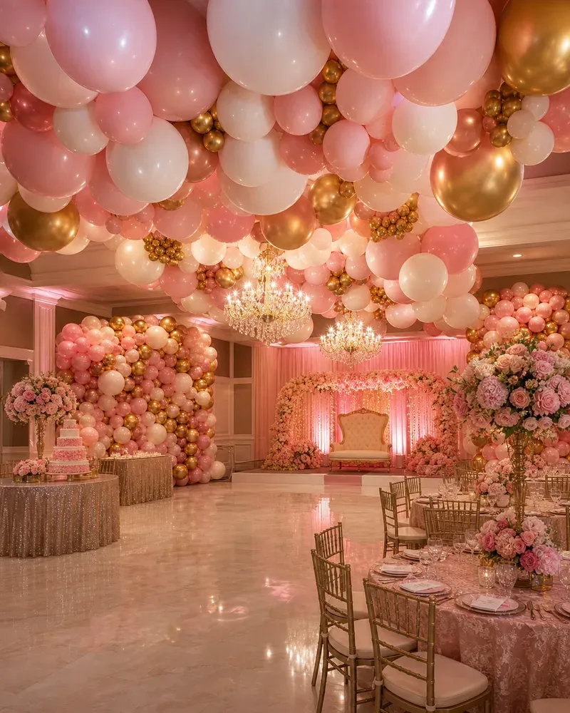 Full room transformation for a Quinceañera with balloon walls and ceiling