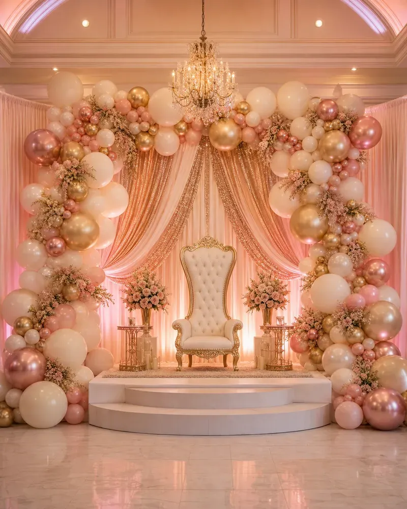 Balloon stage backdrop for a Quinceañera ceremony