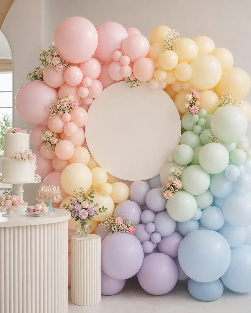 Pastel rainbow balloon wall with integrated signage