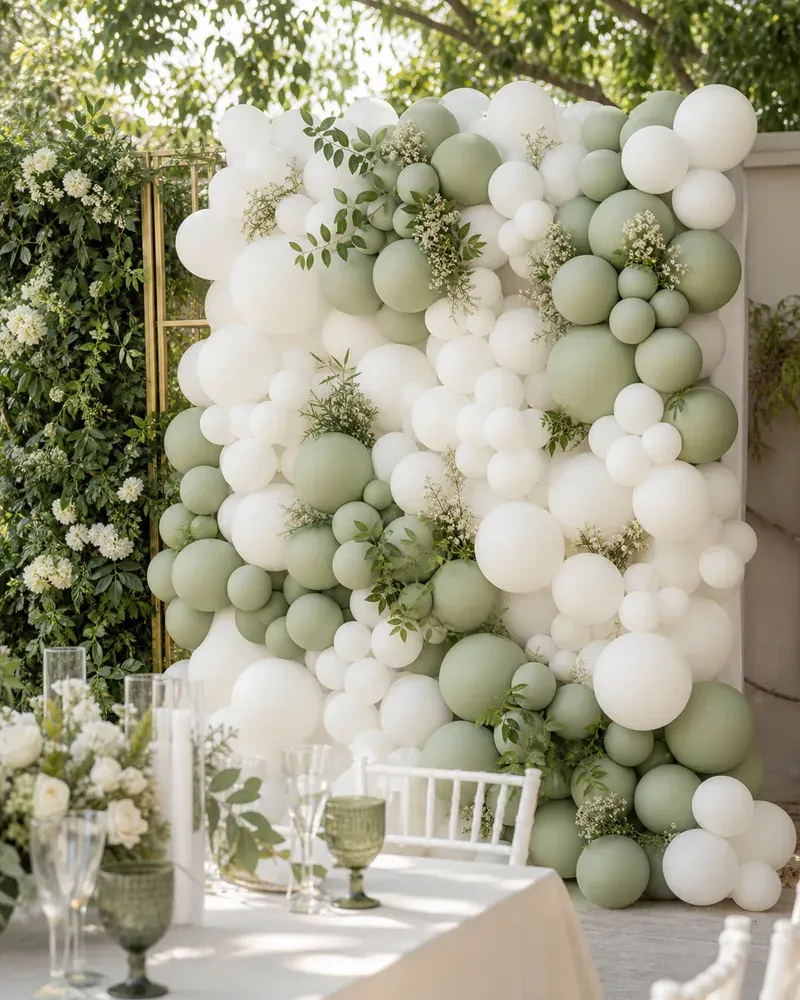 Elegant white and sage green balloon wall for a wedding backdrop